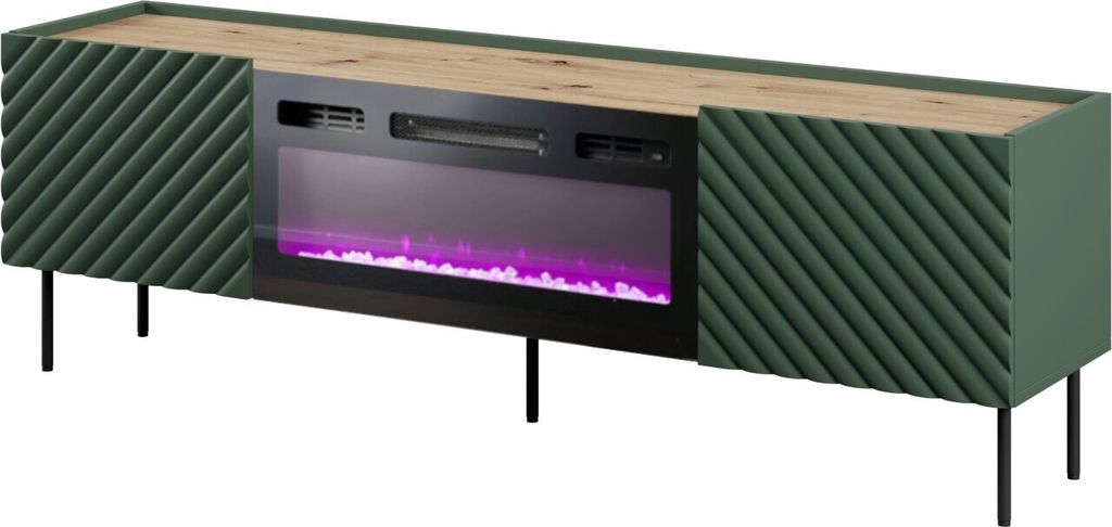 Fernsehschrank Onda 2D Tv-Lowboard 2 Türiger Unterschrank 180 Cm Mdf Grün Matt Mit Elektrichem Kamin
