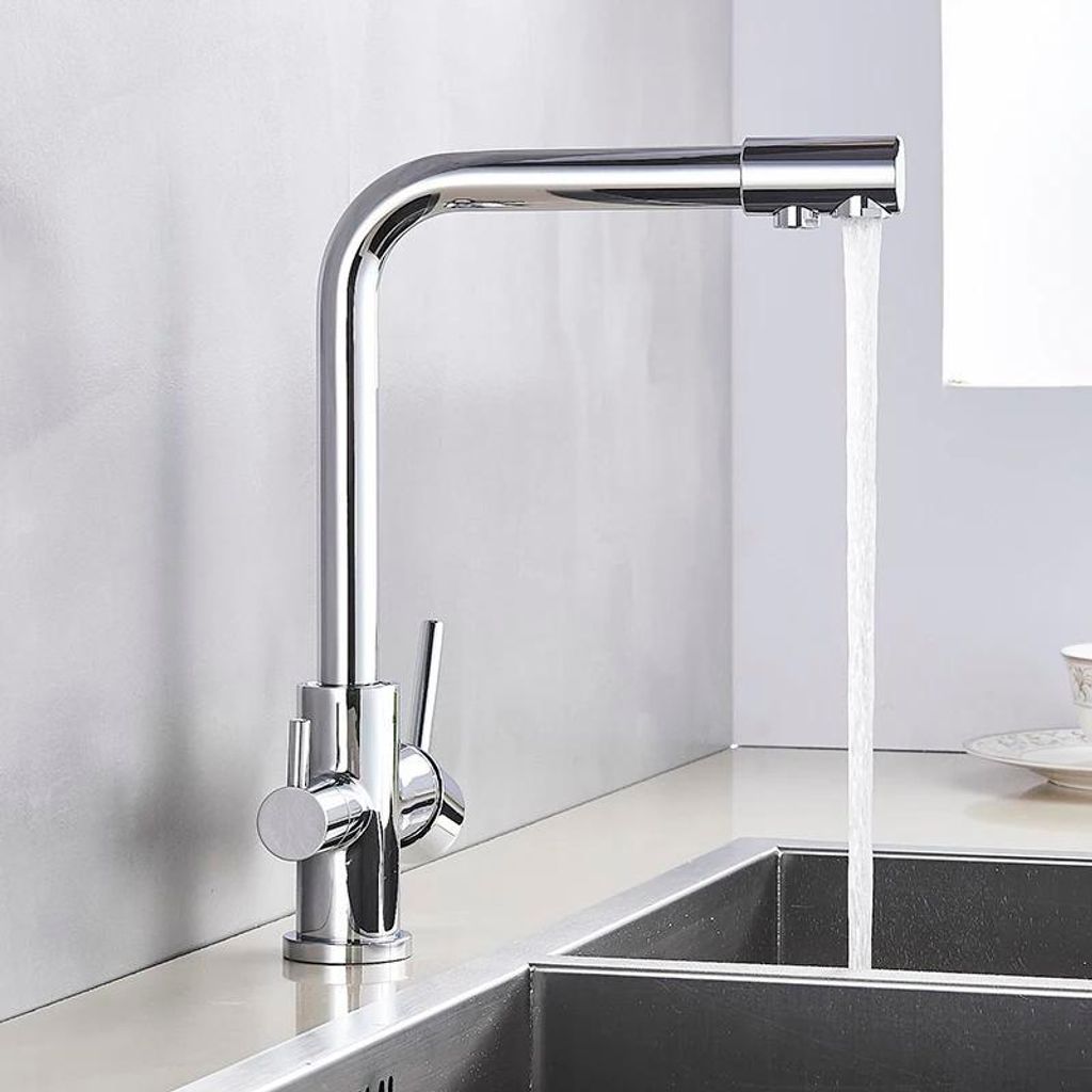 Küchenarmatur Wasserhahn - 3-Wege-Filterhahn - Separater Trinkwasserauslauf - Warm- und Kaltwasser - Schwenkbar 360° - Messing, Keramik-Kartusche...
