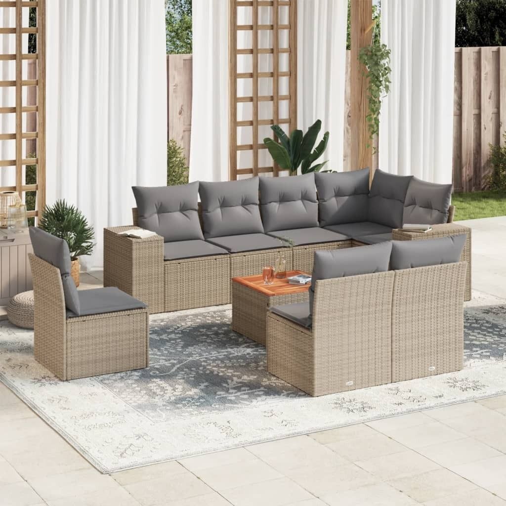 Design 9-tlg. Garten-Sofagarnitur mit Kissen Beige Poly Rattan, Gartenmöbel-Sets 2024 Neu