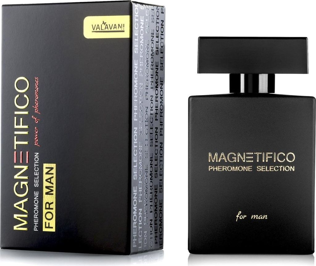 A black perfume box and bottle are displayed side-by-side on a white background.