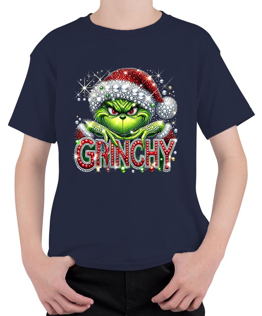 Grinchy Weihnachten Glitzer Strass Santa frech lustig Geschenk Uni Kinder T-Shirt, Navy, 152