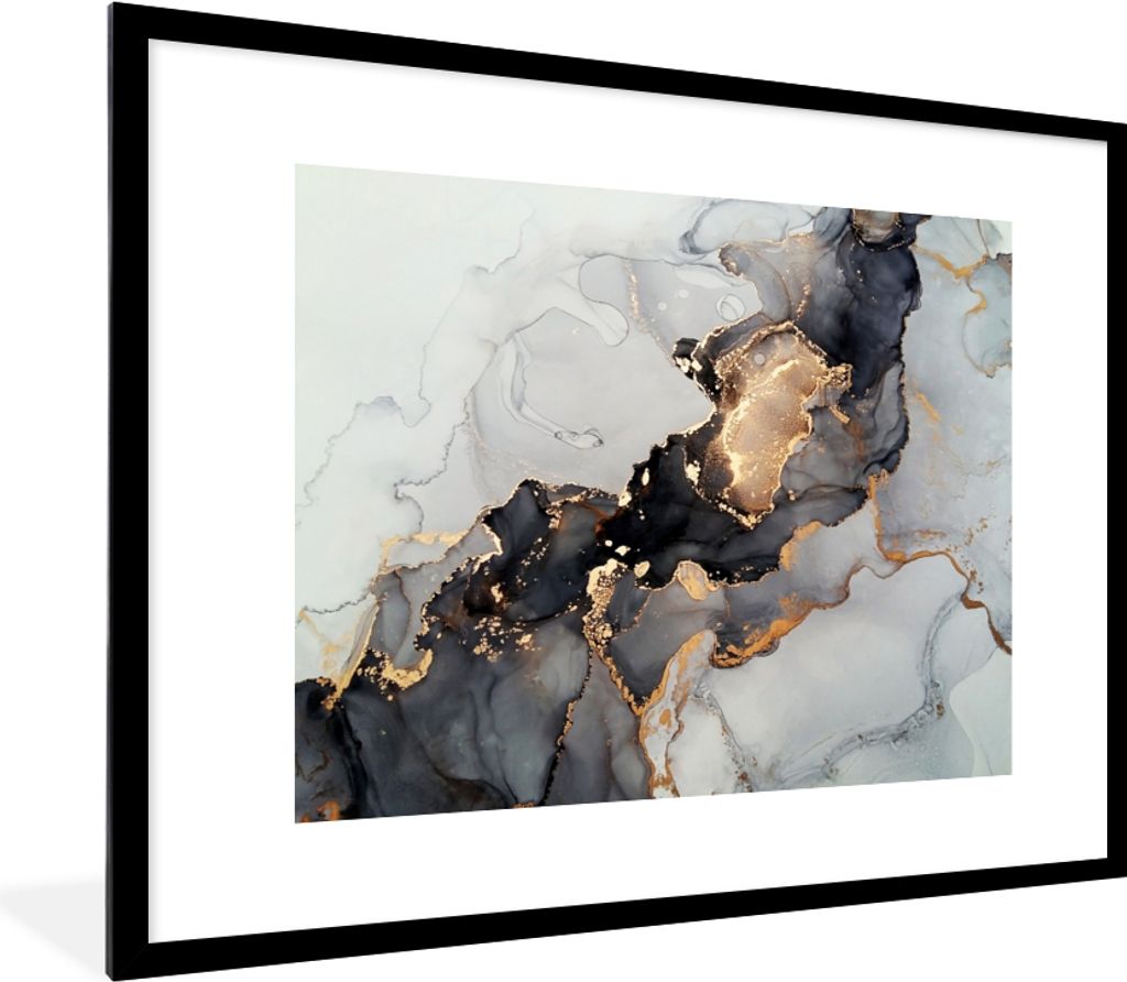 MuchoWow Gerahmtes Poster Schwarz - Marmor - Luxus - Gold 80x60 cm - Poster mit Schwarzem Bilderrahmen Wandposter Rahmen Foto Bilder - Schlafzimm...