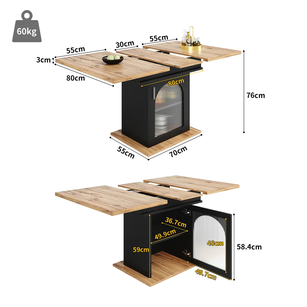 Table rectangulaire extensible noire avec armoire de stockage intégrée
