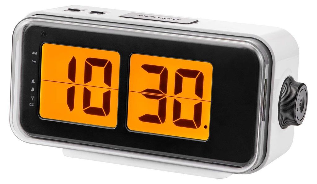 A digital alarm clock with a retro design.