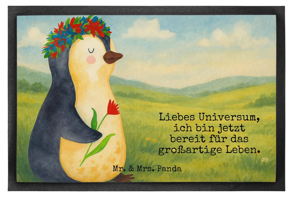 Mr. & Mrs. Panda Bodenvorleger Pinguin Blumen Design 40 x 60 cm - Weiß - Geschenk, Schmutzmatte, fußmatte, Positiv, Motivation, Lebenslust, Gesch...