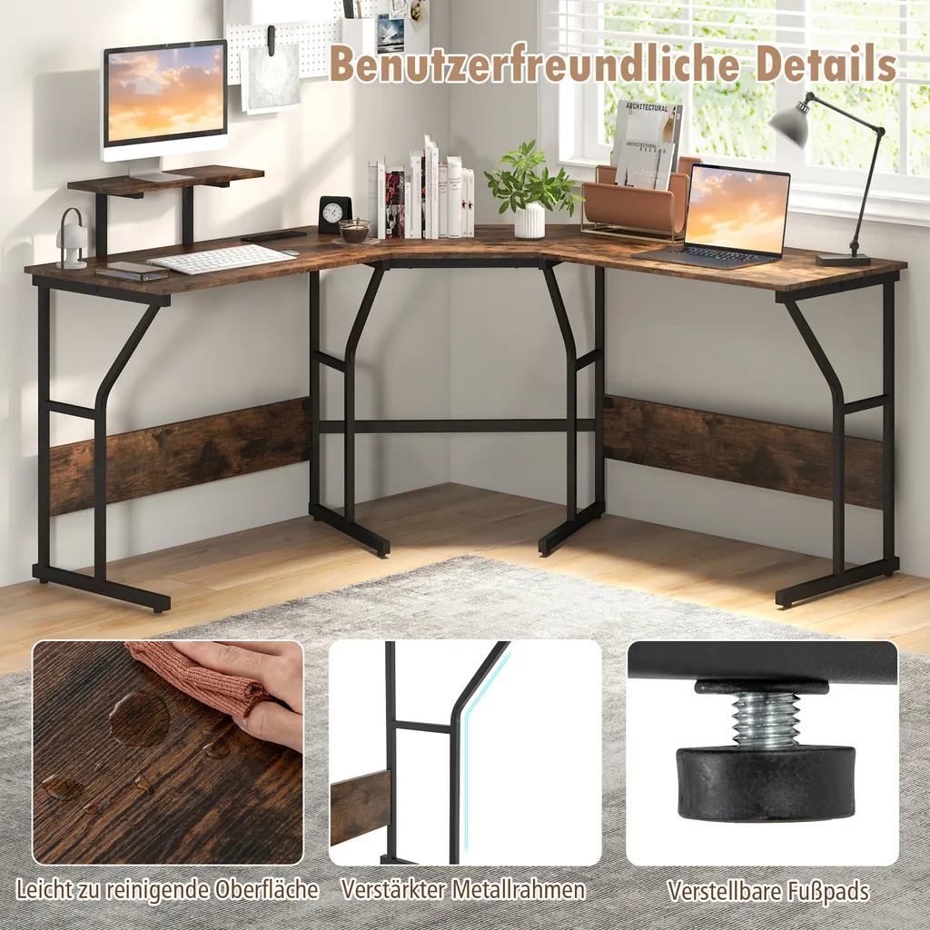 Bureau d'Angle Marron Rustique | Table d'Ordinateur Gain de Place - 7