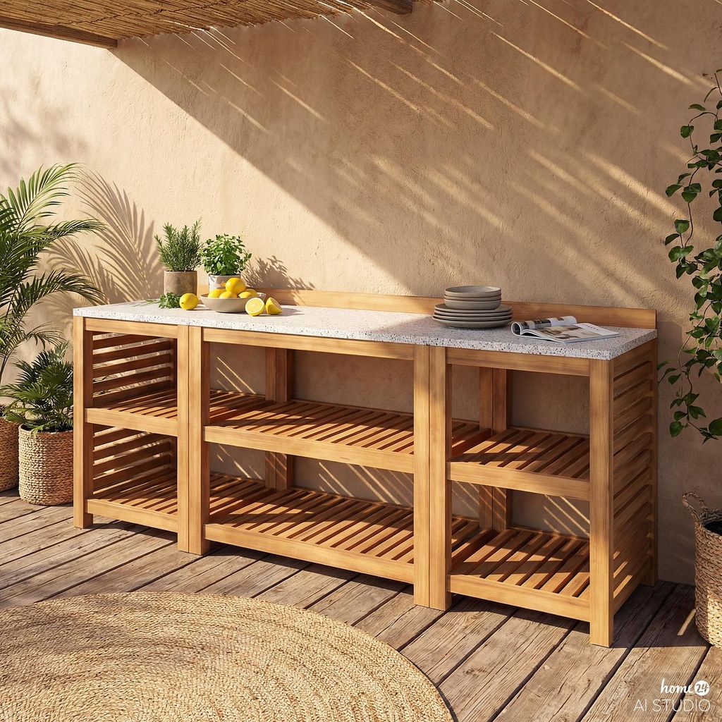 GARTENKÜCHENSET - 3-teilig - Akazie massiv - Beige