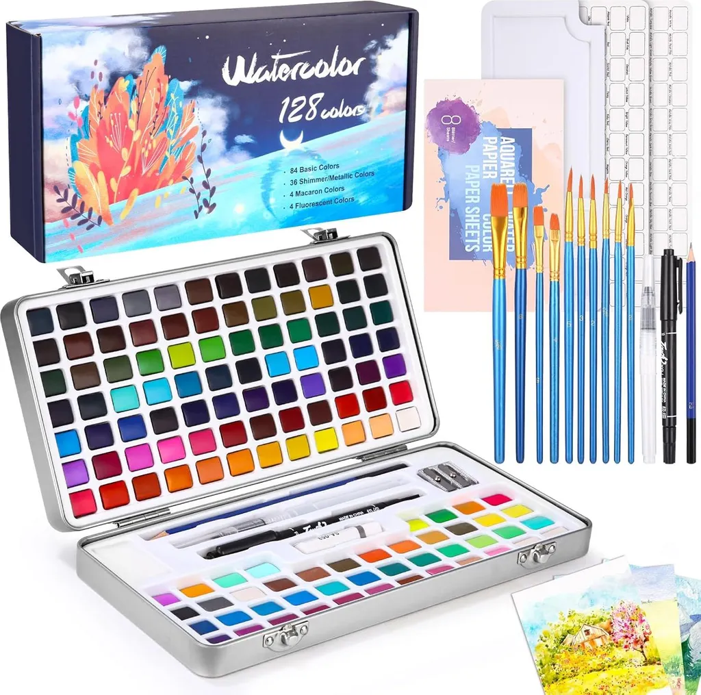 Kit aquarelle 128 couleurs pigments intenses et boîte de transport pro