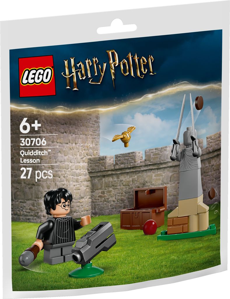 A LEGO Harry Potter Quidditch Lesson set packaging, showing a miniature Harry Potter figure, a Quidditch hoop, a golden snitch, and other accessories.