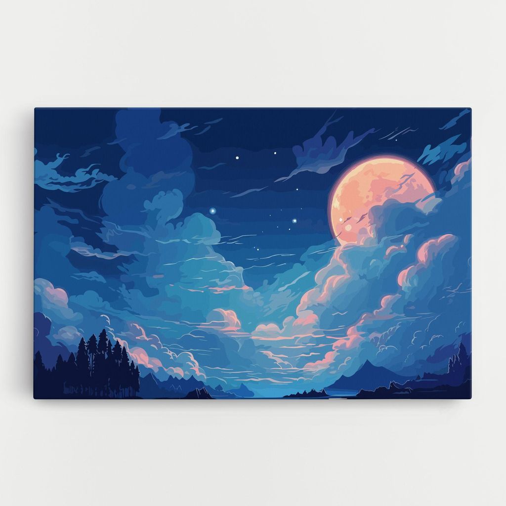 ARTHUB Leinwandbild 30x40 cm, Blue Cloud Moon | Wohnzimmerdekoration, Hängende Bilder, Wanddekoration, Heimdekoration, Landschaften, Wolken