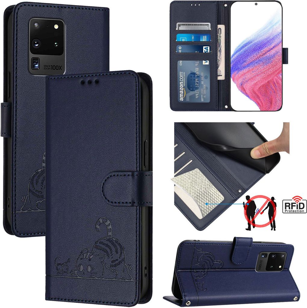 Leder Hülle für Samsung Galaxy S20 Ultra Süße Katze Flip Case Brieftasche Schutzhülle mit Standfunktion Blau