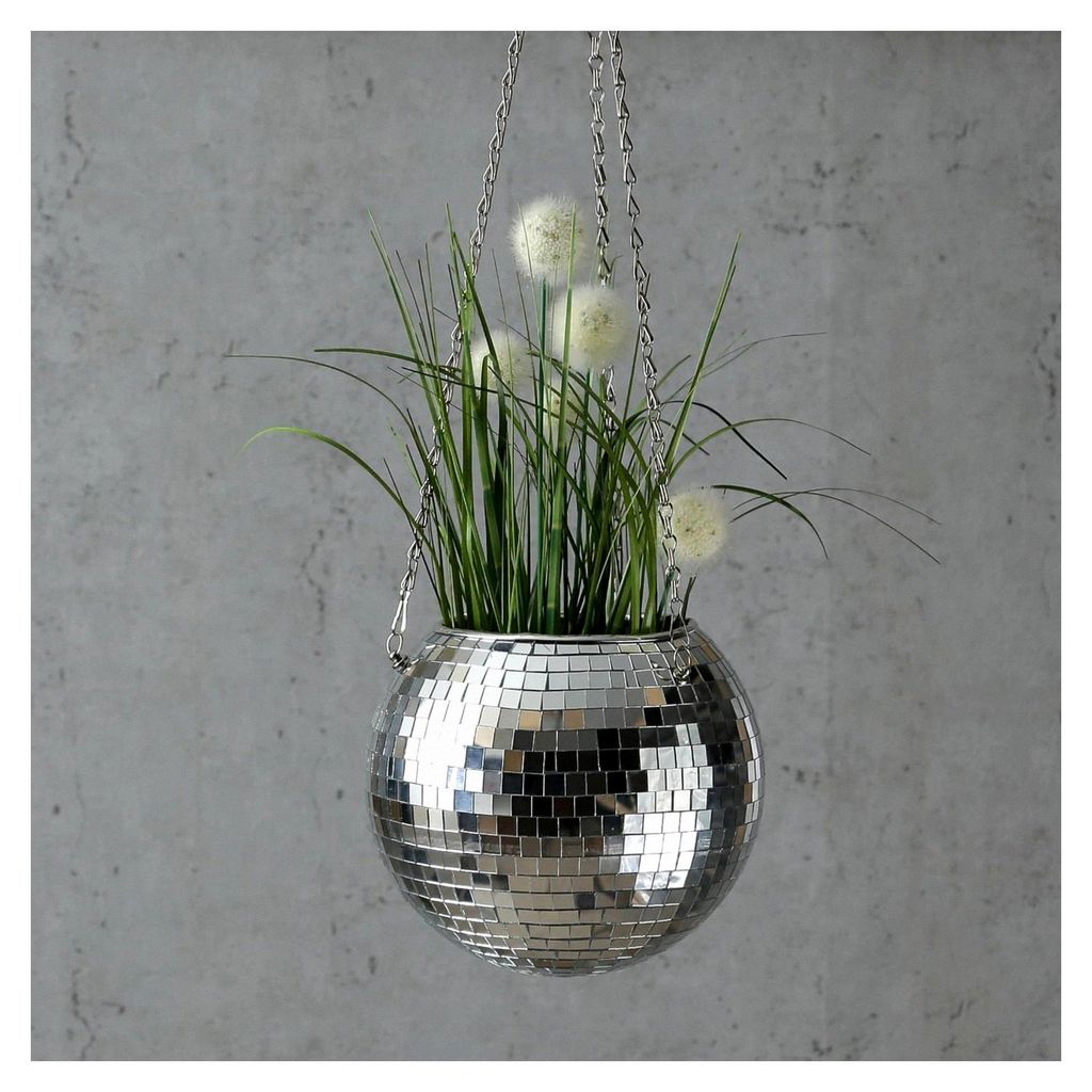 Blumenampel Discokugel mit Spiegelkacheln, hängender Blumentopf, 20cm, Silber