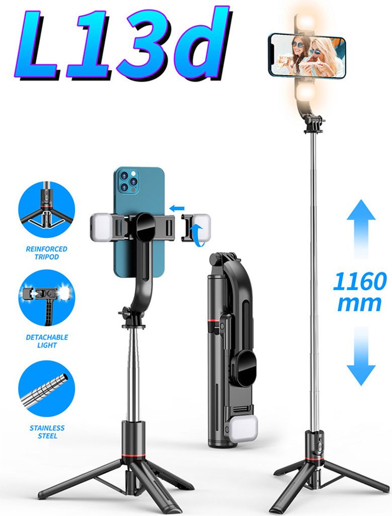 L13 Mobile Telefon Selfie Stick Bracket Handheld Bluetooth kompatible Shutter Photo Tripod Integrierter schwarz Doppelleuchten + Innenbügel