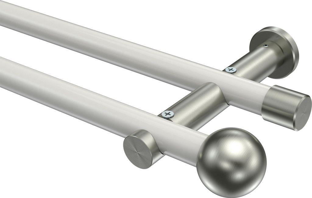 Interdeco Gardinenstange / Vorhangstange Weiß / Edelstahl-Optik, Typ Platon Luino (Kugel) ohne Ringe, 20 mm Ø 2-läufig, 140 cm