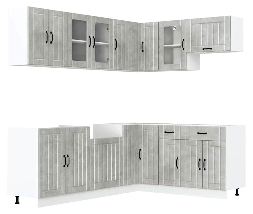 11-teiliges Küchenschrank-Set Lucca in Betongrau aus Holzwerkstoff und Glas - Modernes Design für kleine Küchen - Platzsparend und langlebig
