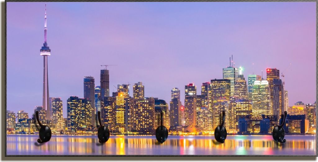 Wallario Flurgarderobe Wandgarderobe aus Holz, mit 5 Haken, Größe 80 x 40 cm, Motiv Toronto Skyline - Kanada am Abend