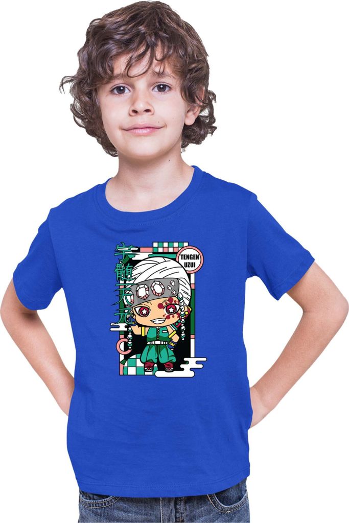 Kinder T-Shirt Demon Anime Slayer Kimetsu No Yaiba Chibi Tengen Uzui, 3-4 Jahr - 104 / Blau