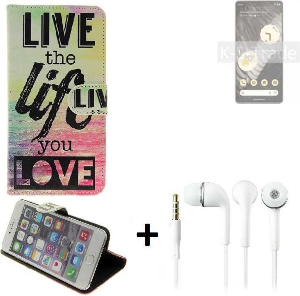 K-S-Trade Schutz Hülle kompatibel mit Google Pixel 7 Pro 360° Wallet Case ''live life love'' Tasche Handy Hülle Etui Smartphone Flip cover