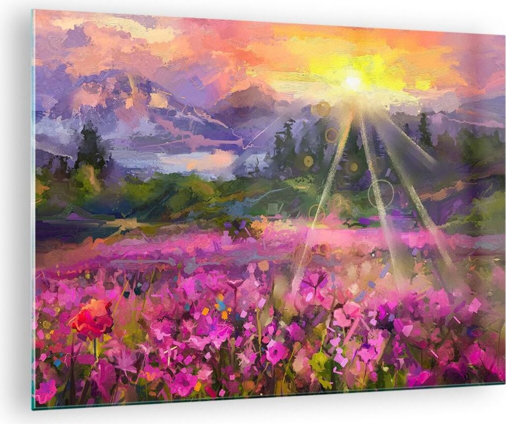 Bilder auf glas - Berge Blumen Blumen - 70x50cm - Glasbilder - Wandbilder - Kunstdruck - zum Aufhängen bereit - Wanddekoration aus Glas - Glas Bil...