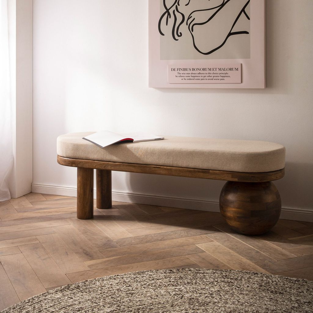 WOHNLING Sitzbank Stoff Mango Massivholz Bank 140x47,5x41,5 cm Modern Flur Polsterbank Ausgefallen Gepolsterte Stoffbank Beige Kleine Bettbank