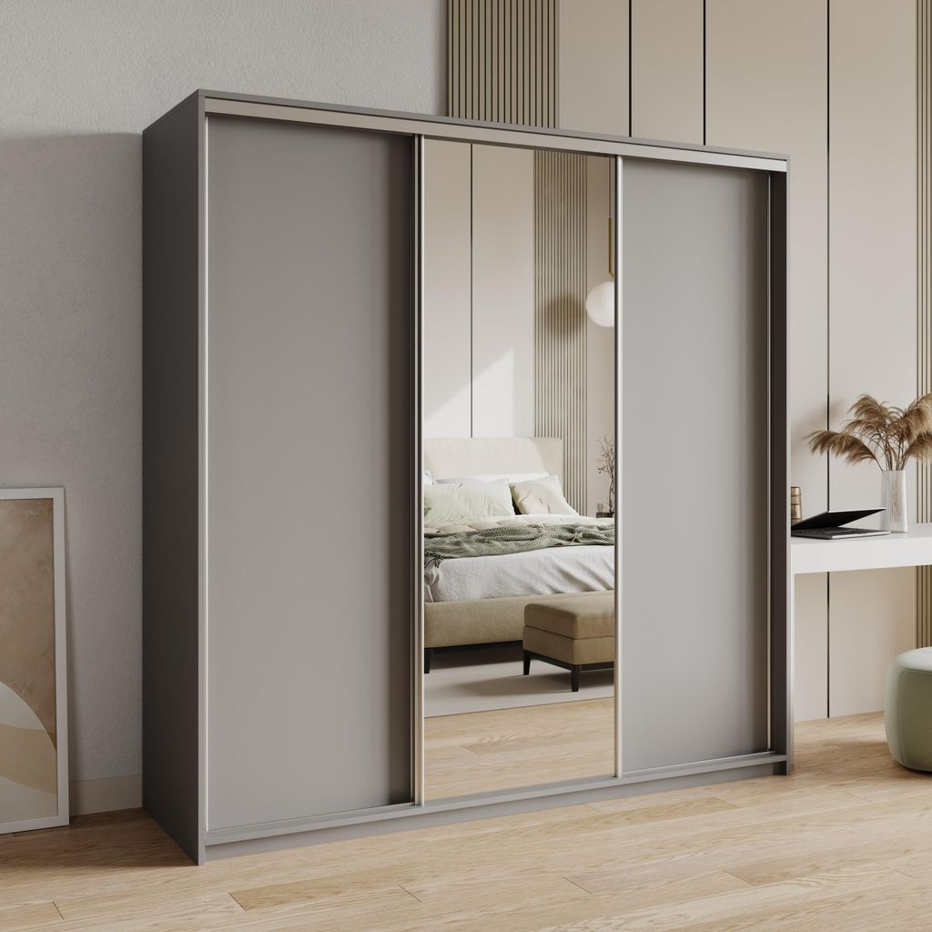 Masseno Schiebetürenschrank TAVI 180/205/60 cm Kleiderschrank mit 4 Schubladen Schlafzimmer Schrank 3-türig mit Spiegel Graphitfarben