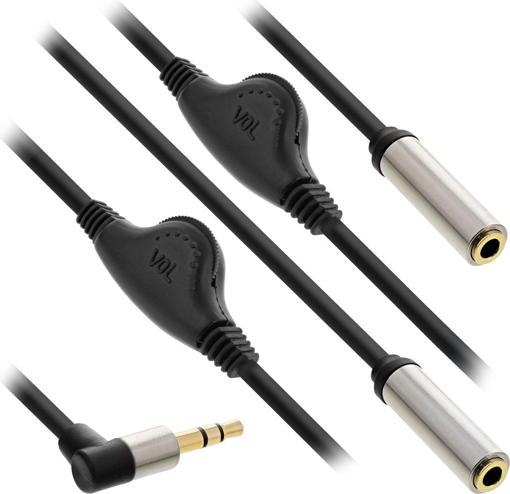 InLine Slim Audio Y-Kabel Klinke 3,5mm Stecker gewinkelt an 2x Klinke Buchse, mit Lautstärkeregler, 0,25m