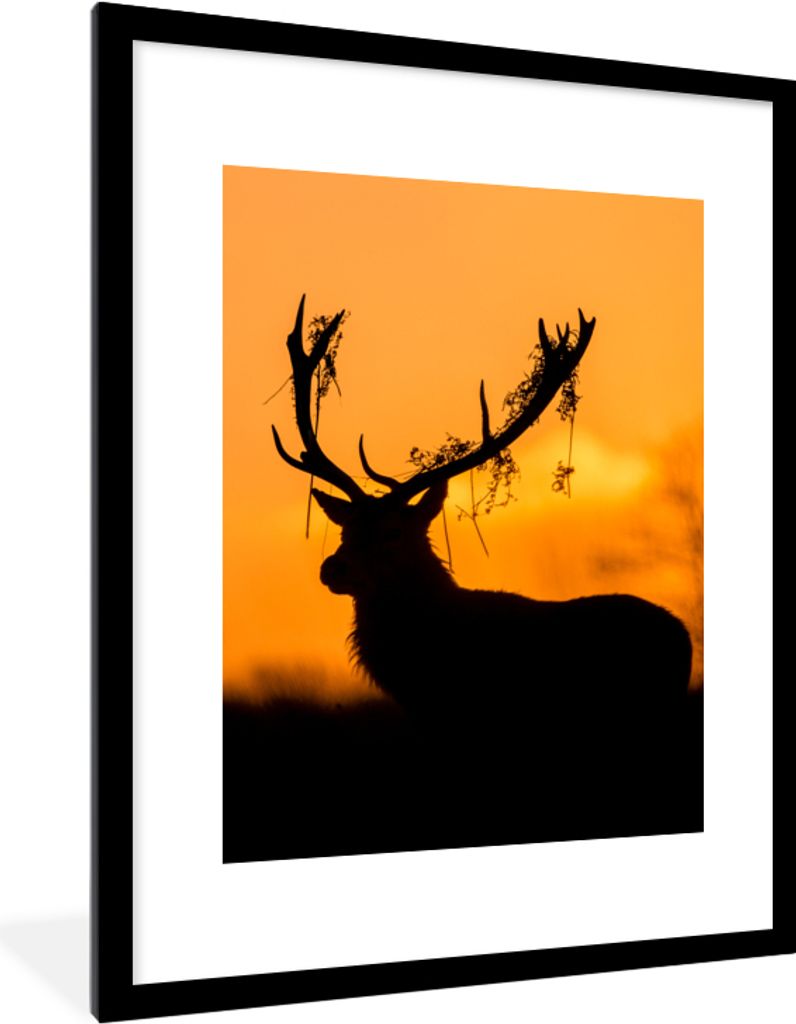 MuchoWow Gerahmtes Poster Hirsch - Orange - Scherenschnitt - Tiere - Natur 60x80 cm - Poster mit Schwarzem Bilderrahmen Wandposter Rahmen Foto Bi...