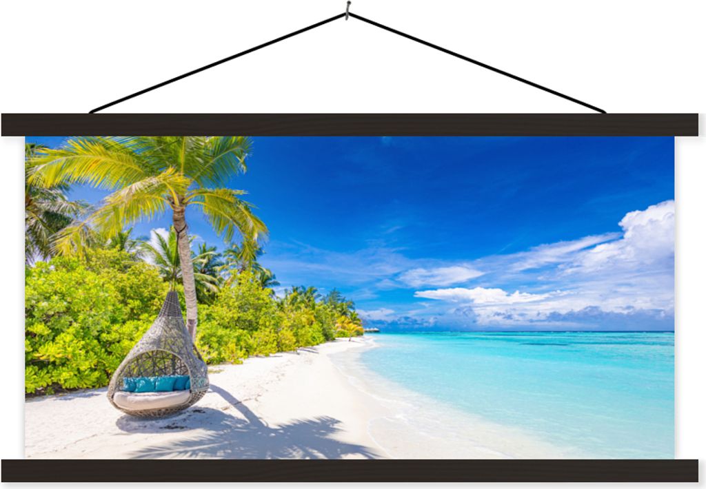 MuchoWow Textilposter Strand - Palme - Hängesessel 150x75 cm mit schwarzem Rahmen - Posterleiste