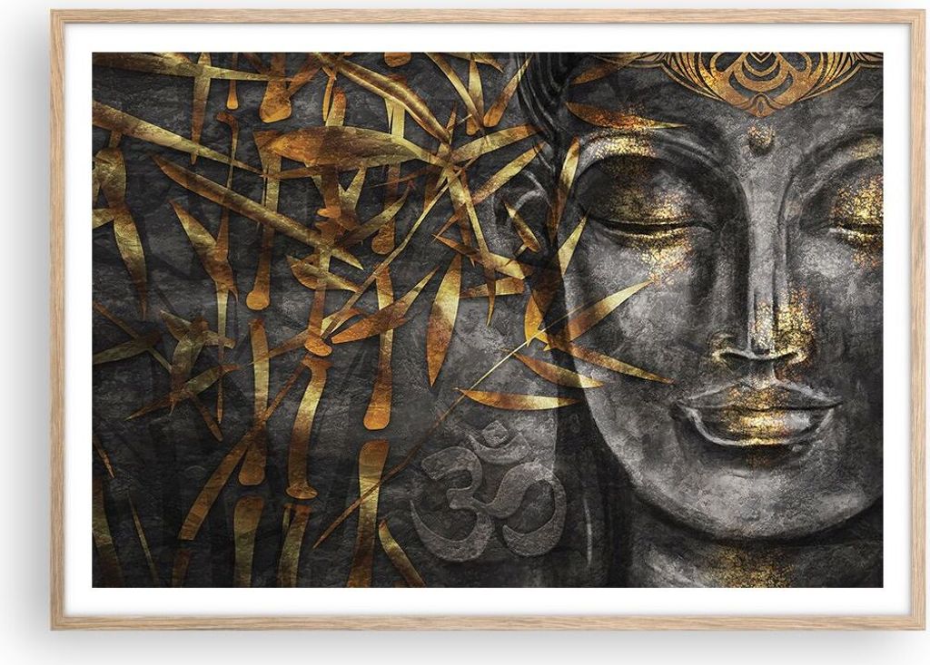 Gerahmtes Poster - Rahmen in heller Eiche - Buddha Gold Bodhisattva - 100x70 cm - Wand Bild - Wanddeko - Wandbilder - Kunstposter - Wandposter - Bi...