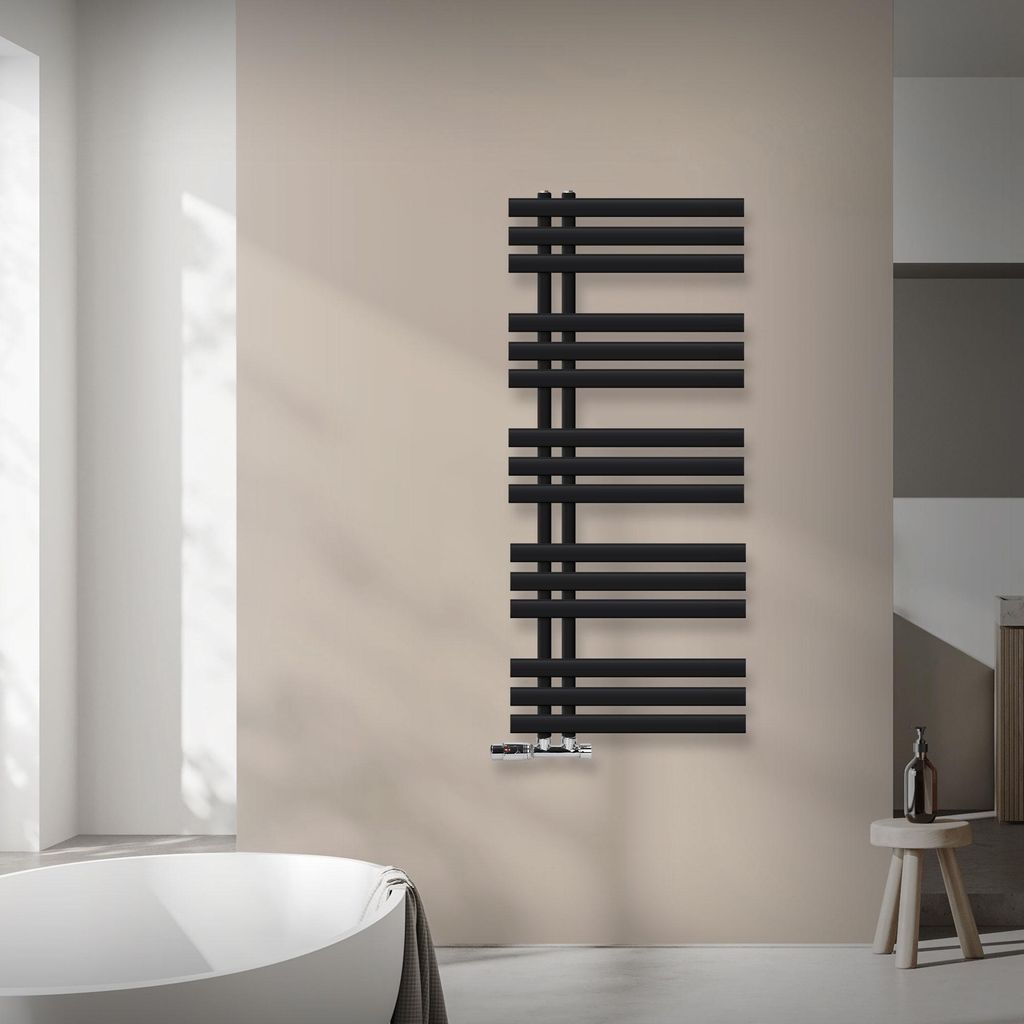 LuxeBath Badheizkörper Iron EM 500x1200 mm Schwarz matt Seitenanschluss mit Anschlussgarnitur und Thermostat Eck Wand, Heizkörper Bad, ohne Heizstab