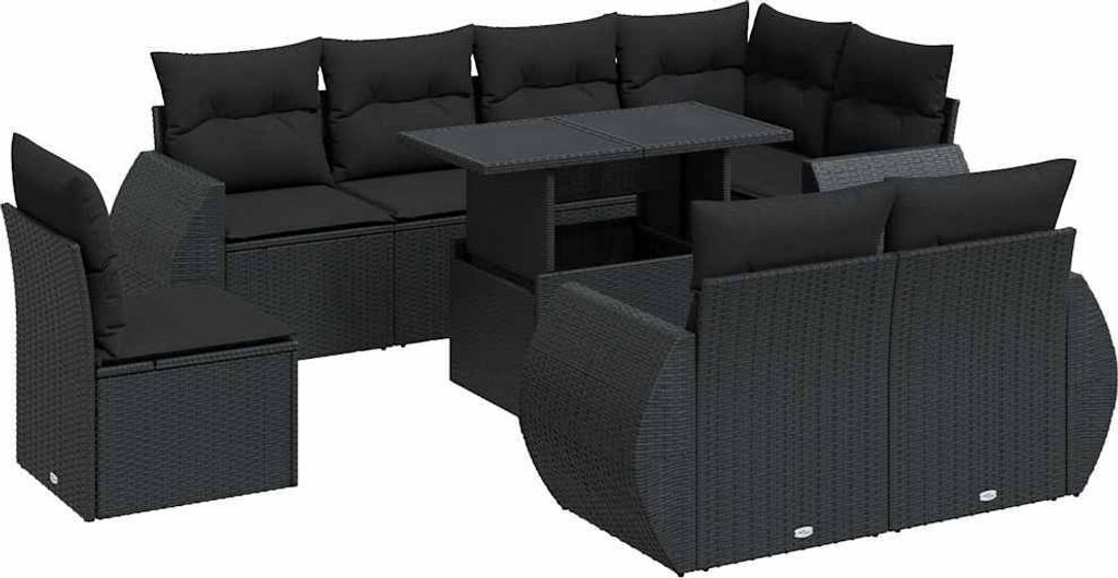 vidaXL 9-tlg. Garten-Sofagarnitur mit Kissen Schwarz Poly Rattan