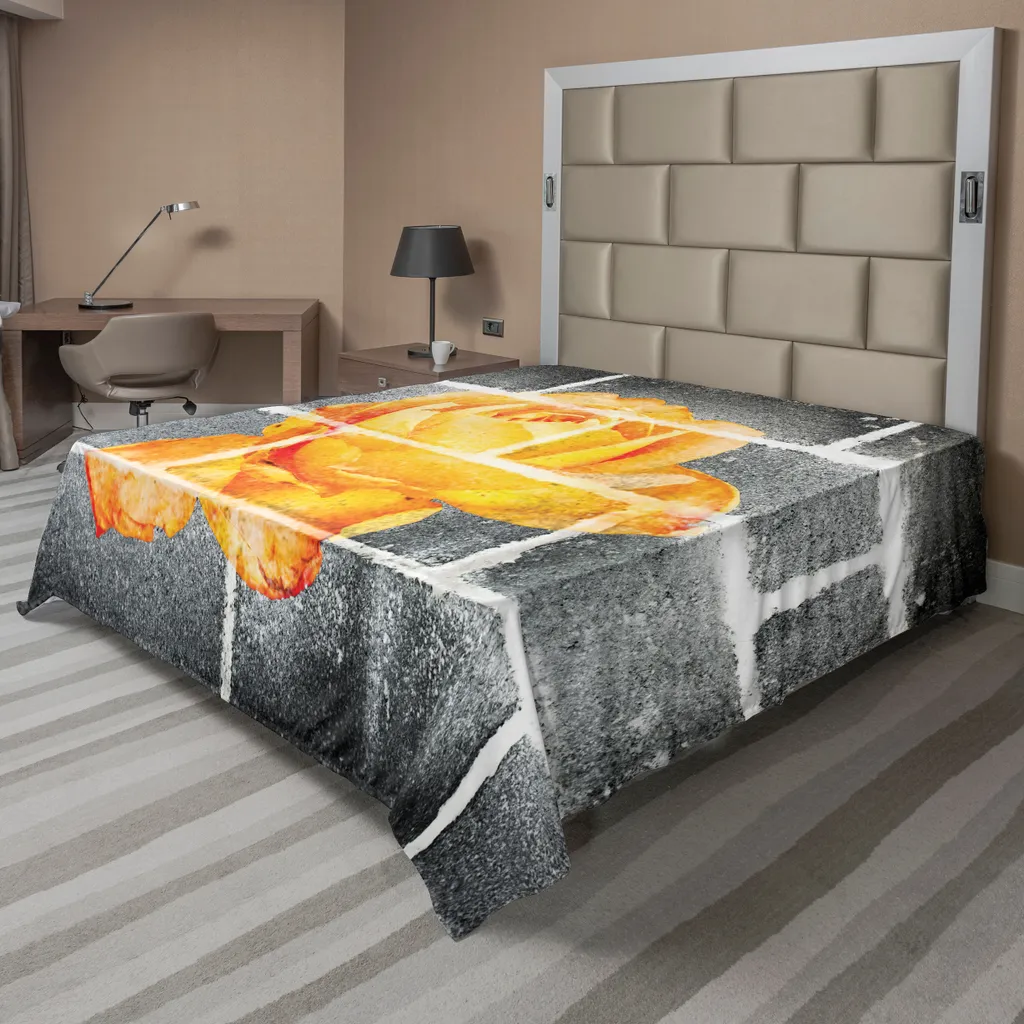 Drap de Lit Plat Décoratif Motif Mural et Roses 260x228 cm Orange Gris