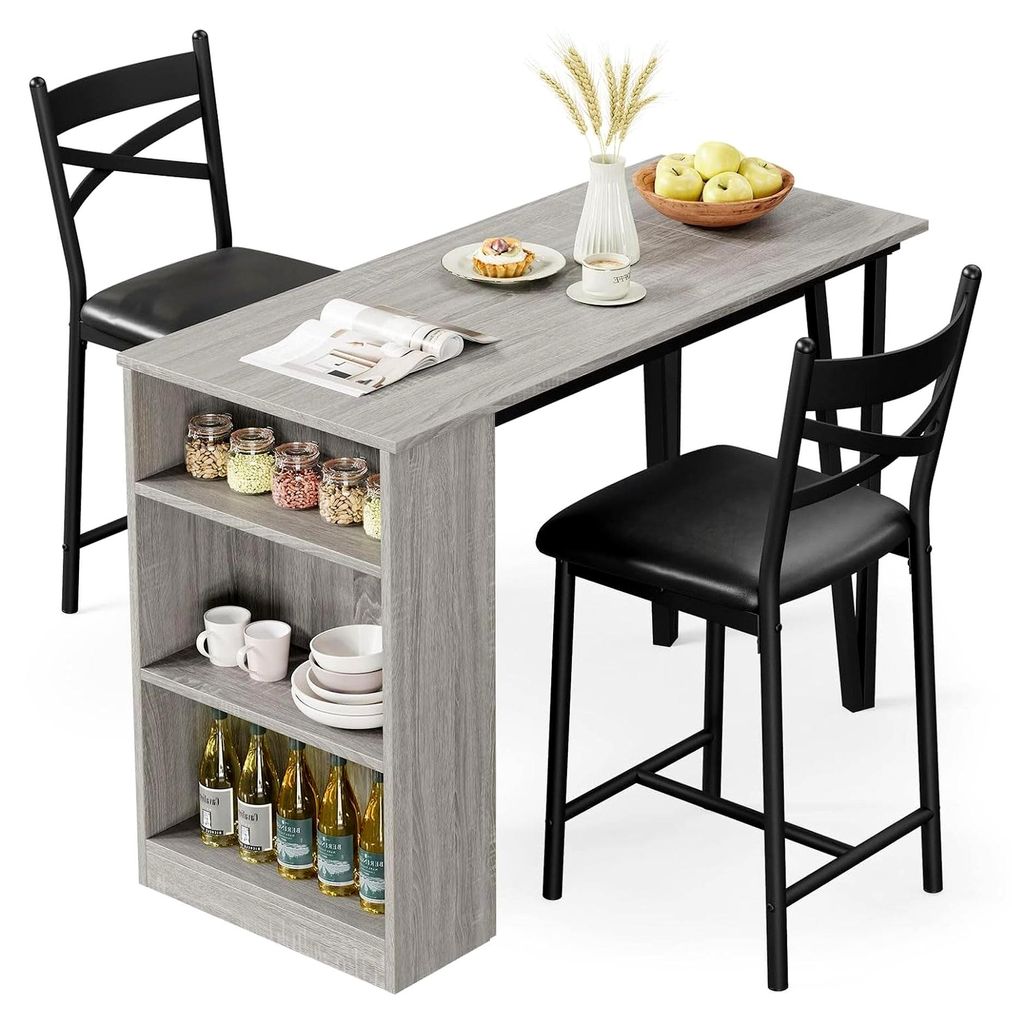 Bartisch Set 3-teilig, Klappbarer Esstisch mit 2 Barhockern und 3 Seitenregalen, Industrieller Küchentisch für Esszimmer, Küche, Wohnzimmer, Grau