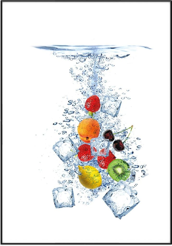 Wallario Wandbild Obst-Eiswürfel-Mix im Wasser mit weißem Hintergrund, Größe: 70,30 x 100,30 cm, Poster mit schwarzem Aluminiumrahmen