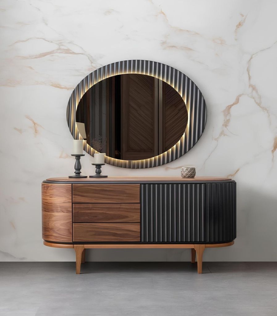 Moderne Graue Schlafzimmer Garnitur Textilbett Holz Nachttische Kommode