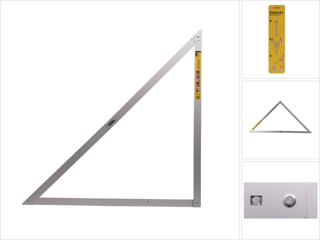 A large triangular ruler is shown against a white background, with smaller inset images of the product and its packaging.
