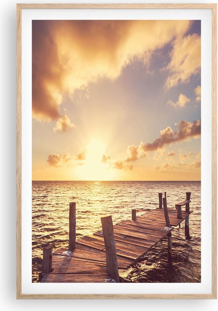 Gerahmtes Poster - Rahmen in heller Eiche - Brücke Sonne Ozean - 61x91,5 cm - Wand Bild - Wanddeko - Wandbilder - Wandposter - Bilderrahmen - Bild...