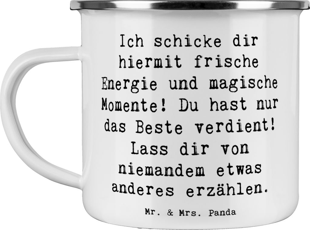 Mr. & Mrs. Panda Teetasse Spruch Freude und Energie - Weiß - Geschenk, Zitat, positive Botschaft, Emaille Tasse, Pott, frische, Becher, Glück wil...