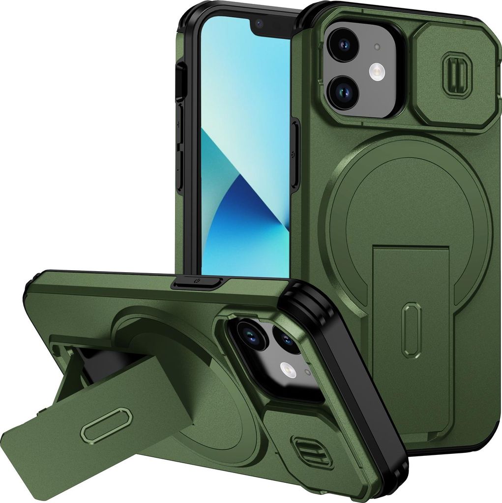 Magnetisch Hülle für iPhone 13 Mini/iPhone 12 Mini, Dual Layer Stoßfest Handyhülle mit Dia Kameraschutz, Verstellbarem Ständer Grün