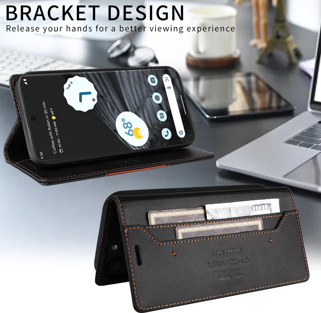 Cover Elegante Google Pixel 7 Pro: Pelle Nera Flip Wallet e Stand - 3