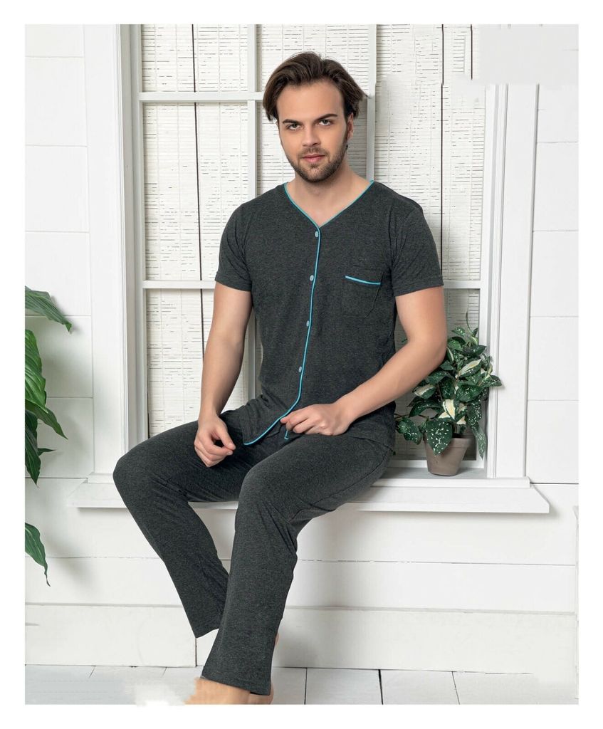 Herren Pyjama Schlafanzug Grau XL Kurz 2-Teiler Set Baumwolle L-45