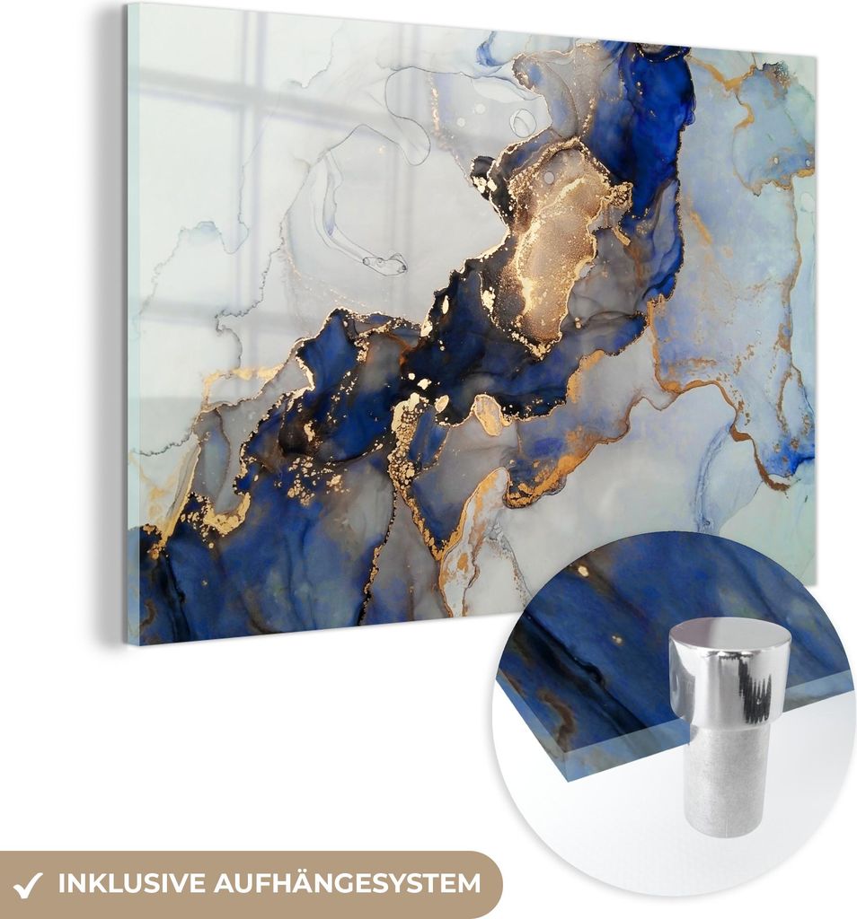 MuchoWow Glasbilder - Bilder auf Wandbild - Foto auf Glas Marmor - Blau - Gold 120x80 cm Wanddekoration aus Glas - Acrylglasbild - Acrylbilder - Ab...