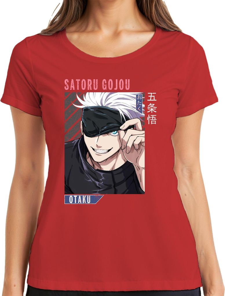 Satoru Gojou Jujutsu Kaisen Anime Otaku Augenbinde weiße Haare Damen T-Shirt, Rot, S