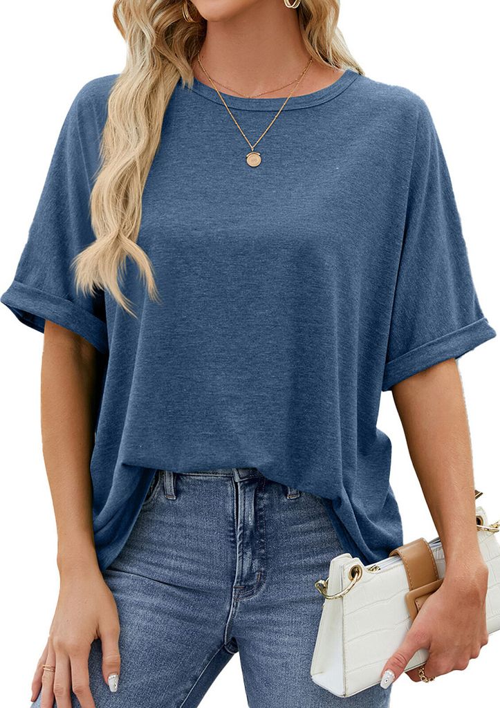 ASKSA Damen T-Shirt Sommer Kurzarm Oversized Rundhals Shirts Tops Casual Basic Tee Oberteile, Blau, Groesse: M