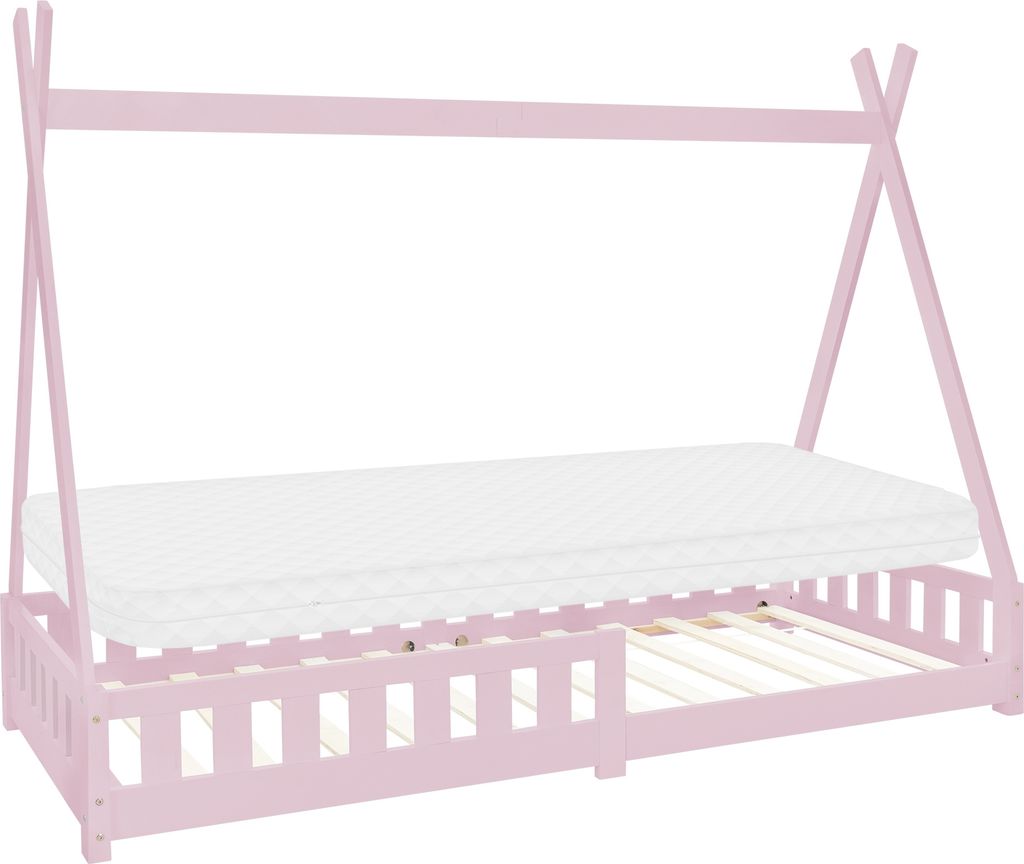 A pink tipi-style children's bed with a mattress and slatted base, shown from a side angle against a white background.