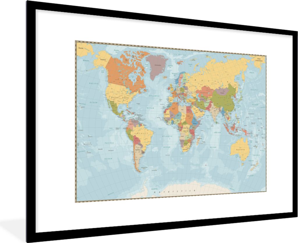 MuchoWow MuchoWow Gerahmtes Poster Weltkarte - Farben - Atlas 90x60 cm - Poster mit zchwarzem Bilderrahmen - Wanddekoration - Fotos