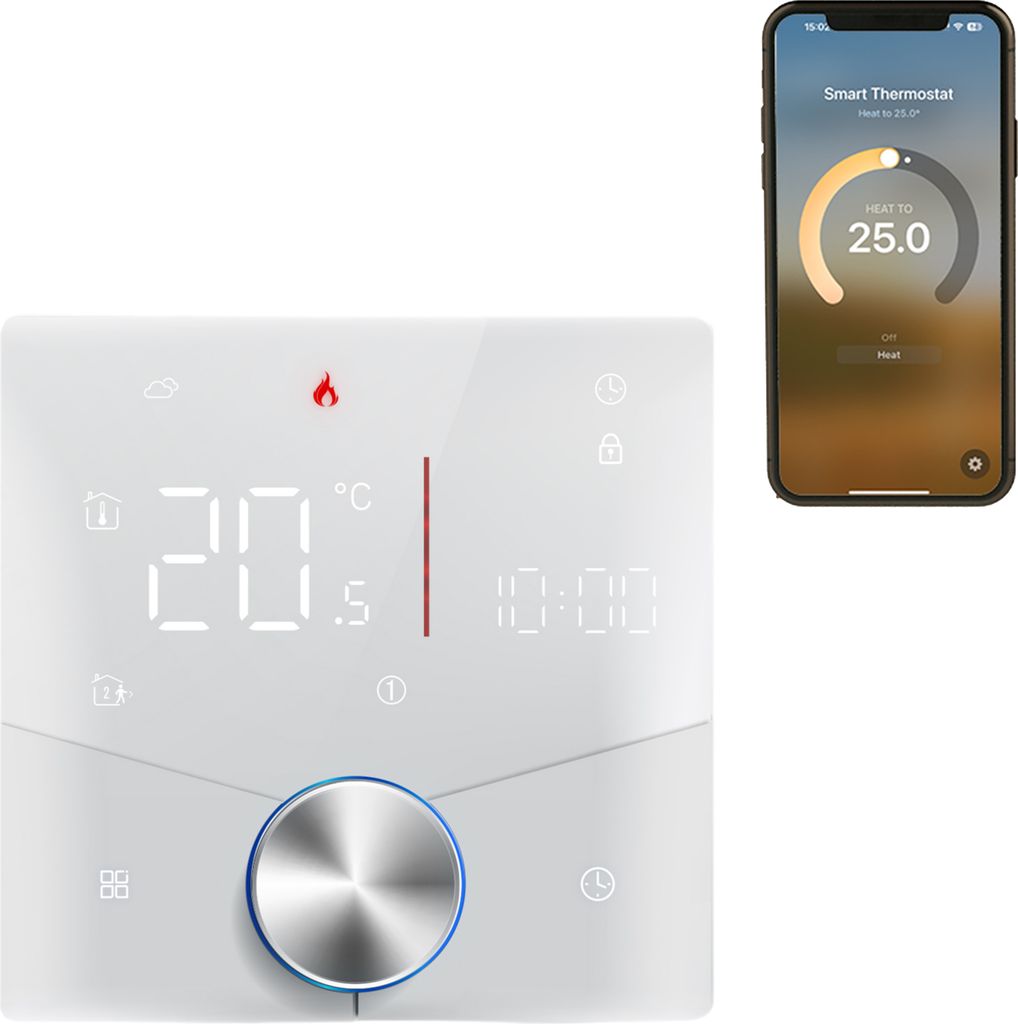 Kabelloser Matter-Thermostat zur Warmwasserbereitung im Haus mit App- und Sprachassistent-Steuerung, farbenfroher digitaler LED-Touchscreen, einste...