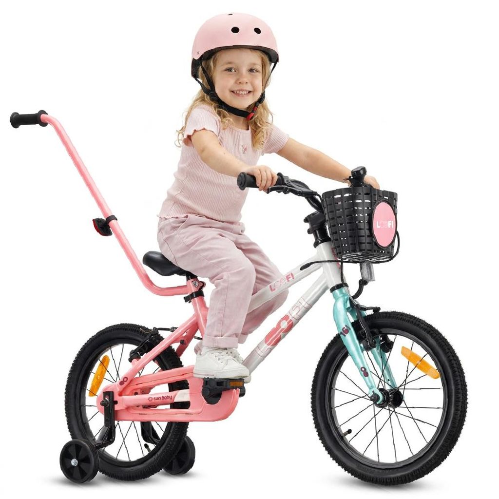 SUN BABY LOOFI Kinderfahrrad 16 Zoll, leichtes Aluminium Fahrrad 6,9 kg für Kinder ab 4 Jahre, mit Stützrädern, Korb, Klingel, Mädchen