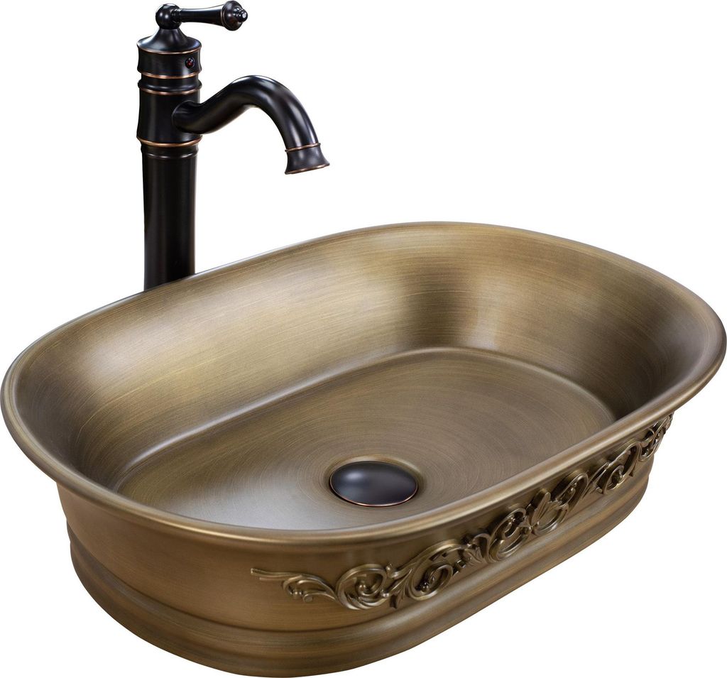 A bronze-colored vessel sink with an ornate design and a black faucet.