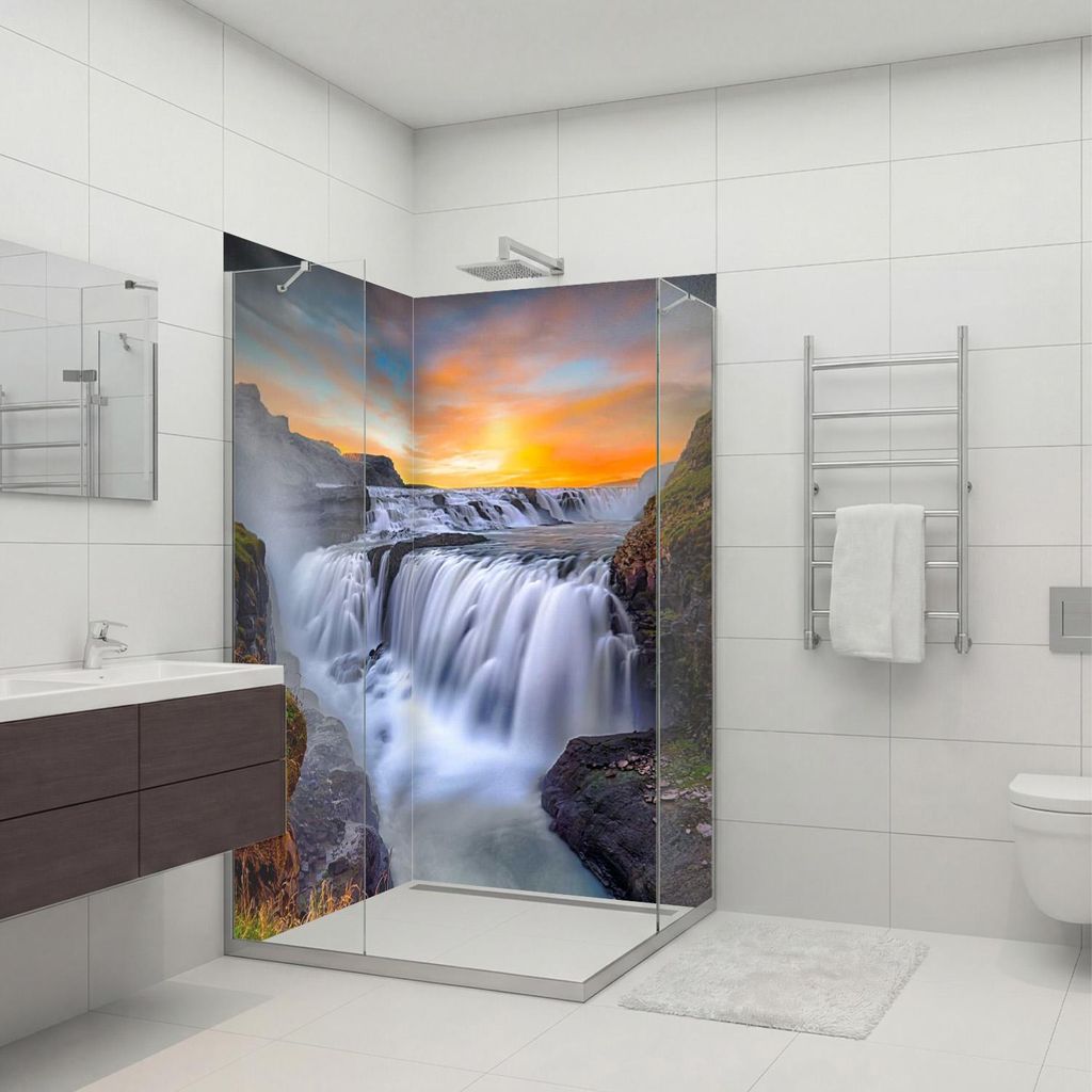 dedeco Eck-Duschrückwände Aluminium wasserfest Motiv: Wasserfall V2, Nano-Protect seidenmatt, 2 x 90x200x0,3cm, Badrückwand, Fliesenersatz fugen...